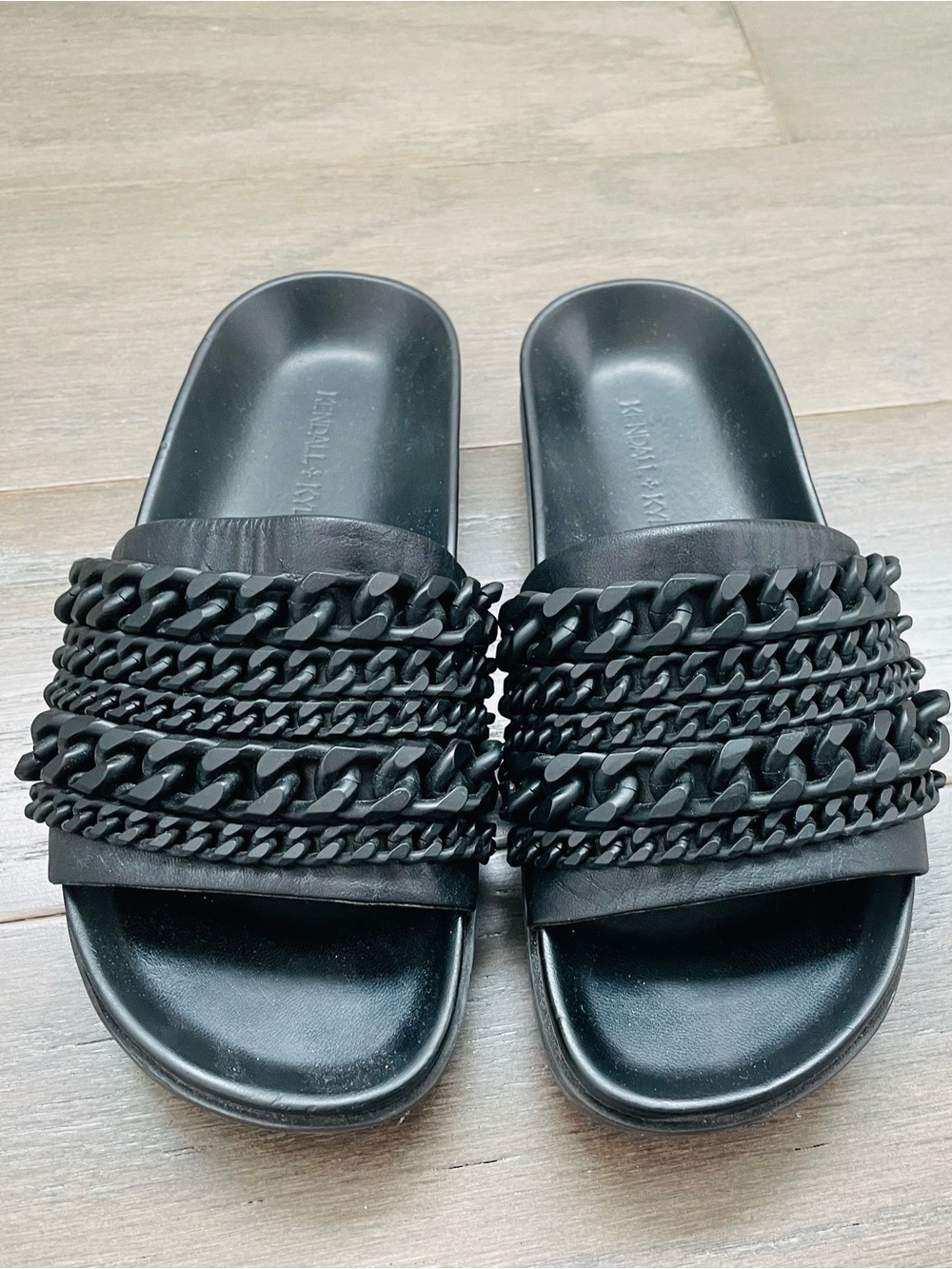 Kendall & Kylie Black Chain-Embellished Slide Sandals